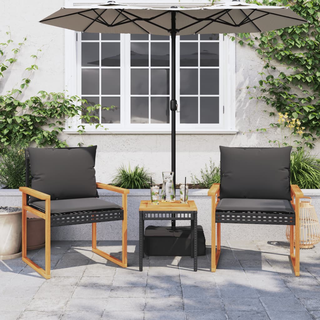 3-tlg. Bistro-Set mit Kissen Schwarz Poly Rattan Akazienholz