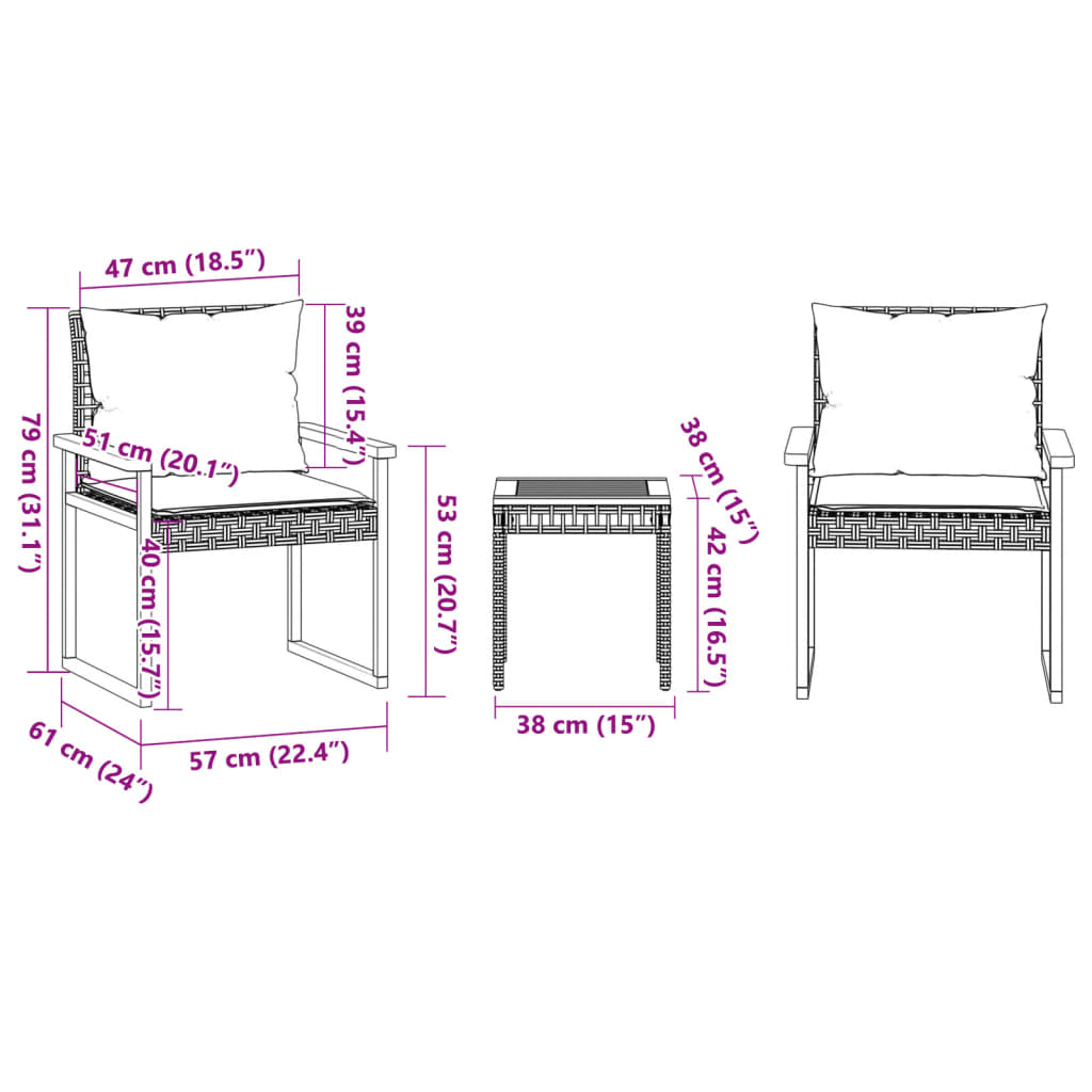 3-tlg. Bistro-Set mit Kissen Schwarz Poly Rattan Akazienholz