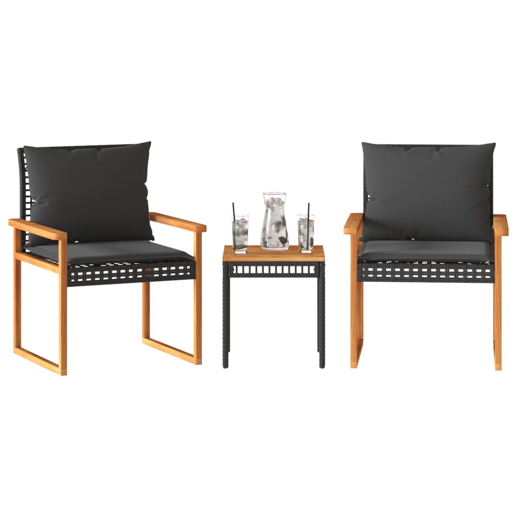 3-tlg. Bistro-Set mit Kissen Schwarz Poly Rattan Akazienholz