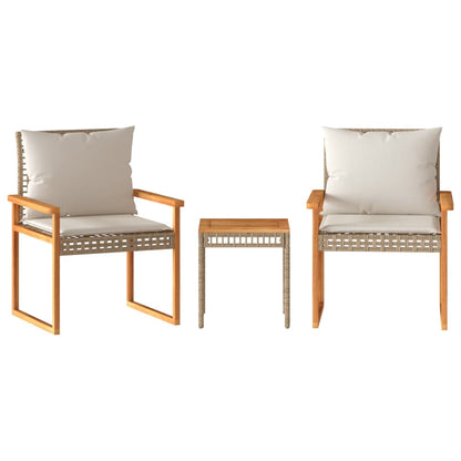 3-tlg. Bistro-Set mit Kissen Beige Poly Rattan Akazienholz