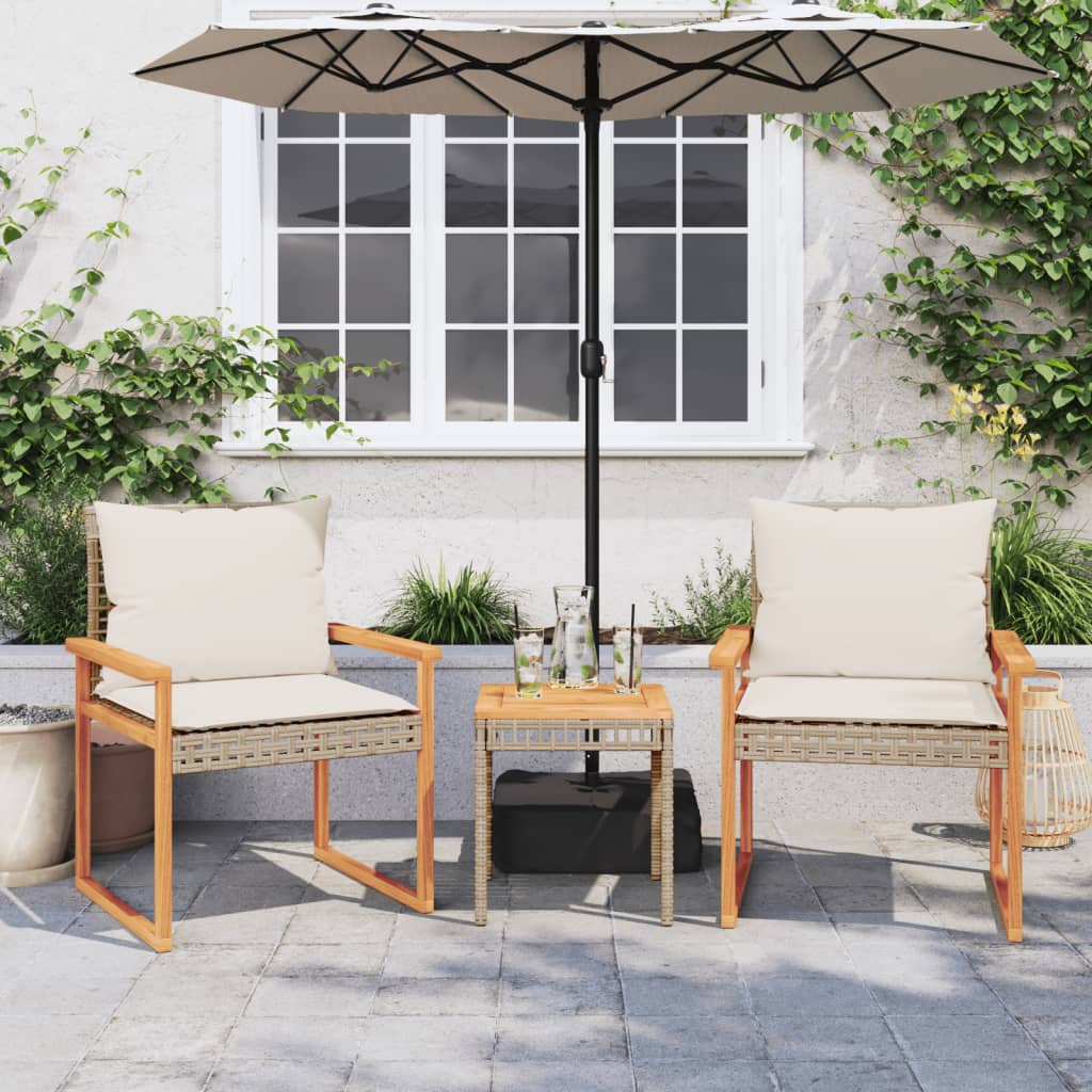 3-tlg. Bistro-Set mit Kissen Beige Poly Rattan Akazienholz