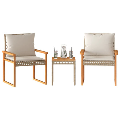 3-tlg. Bistro-Set mit Kissen Beige Poly Rattan Akazienholz