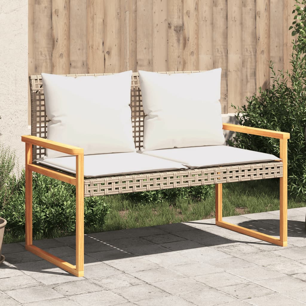 Gartenbank mit Kissen Beige Poly Rattan Akazienholz