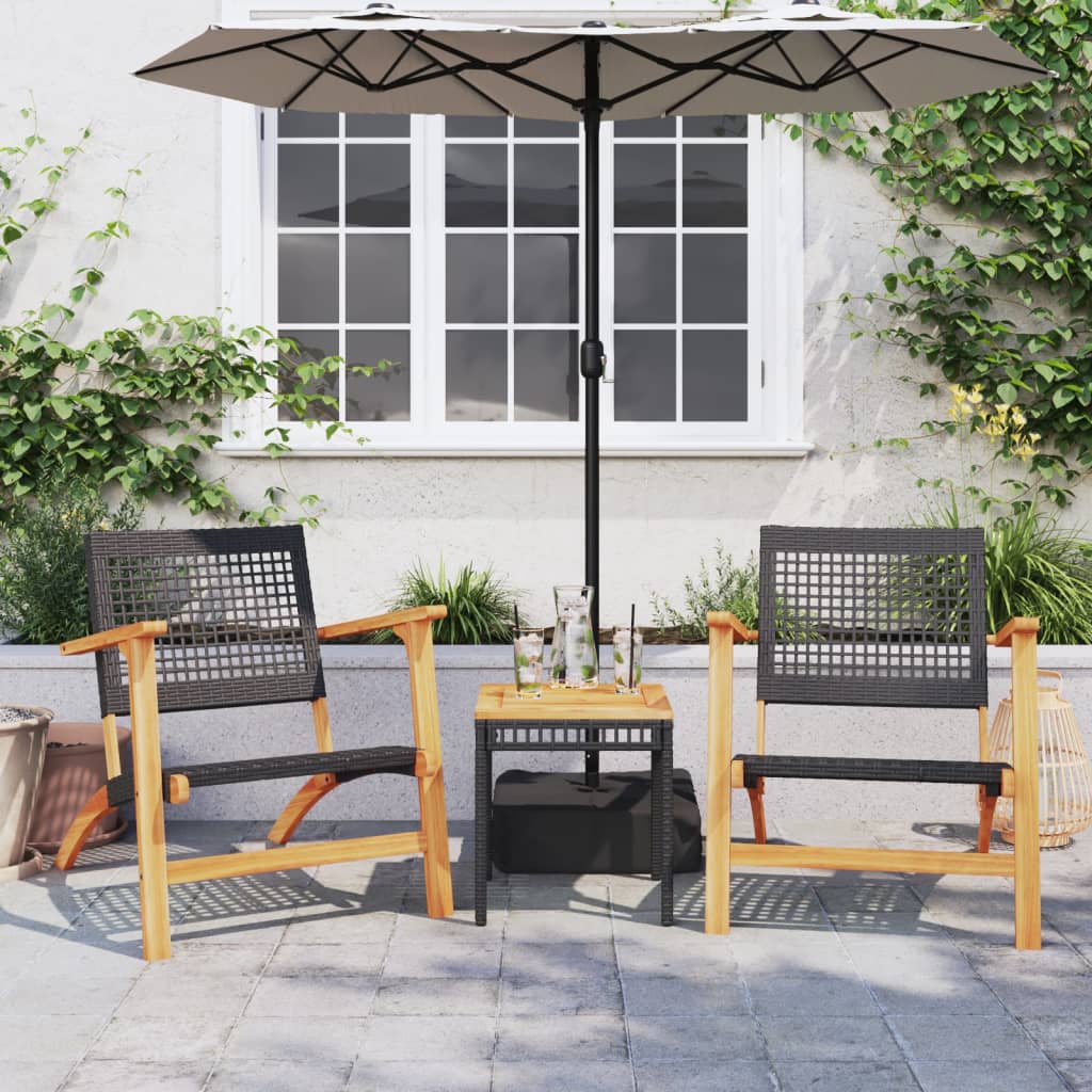 3-tlg. Bistro-Set Schwarz Poly Rattan und Massivholz Akazie