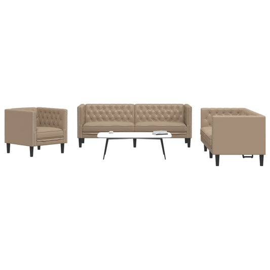 3-tlg. Chesterfield-Sofa-Set Cappuccino Kunstleder