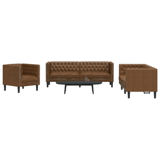 3-tlg. Chesterfield-Sofa-Set Braun Kunstleder Wildleder-Optik