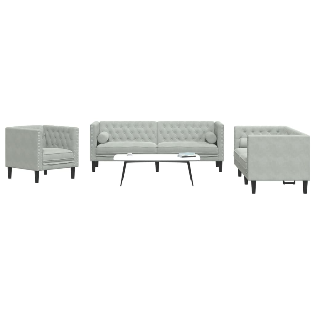 3-tlg. Chesterfield-Sofa-Set mit Nackenrollen Hellgrau Samt