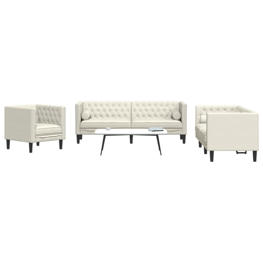 3-tlg. Chesterfield-Sofa-Set mit Nackenrollen Creme Samt