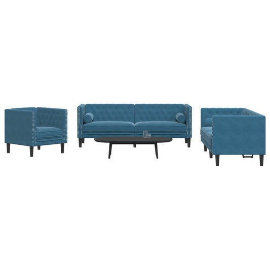 3-tlg. Chesterfield-Sofa-Set mit Nackenrollen Blau Samt