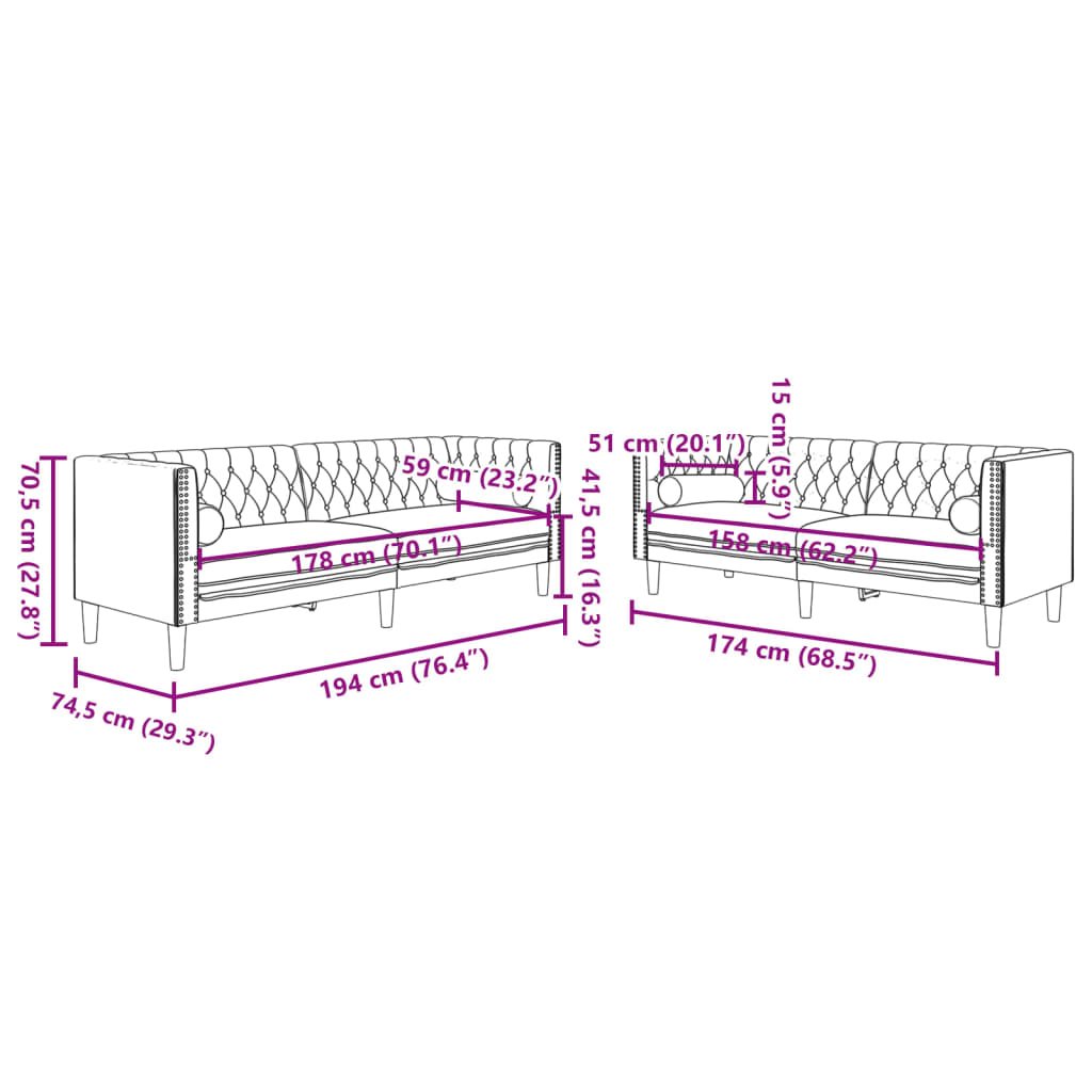 2-tlg. Chesterfield-Sofa-Set mit Nackenrollen Hellgrau Samt