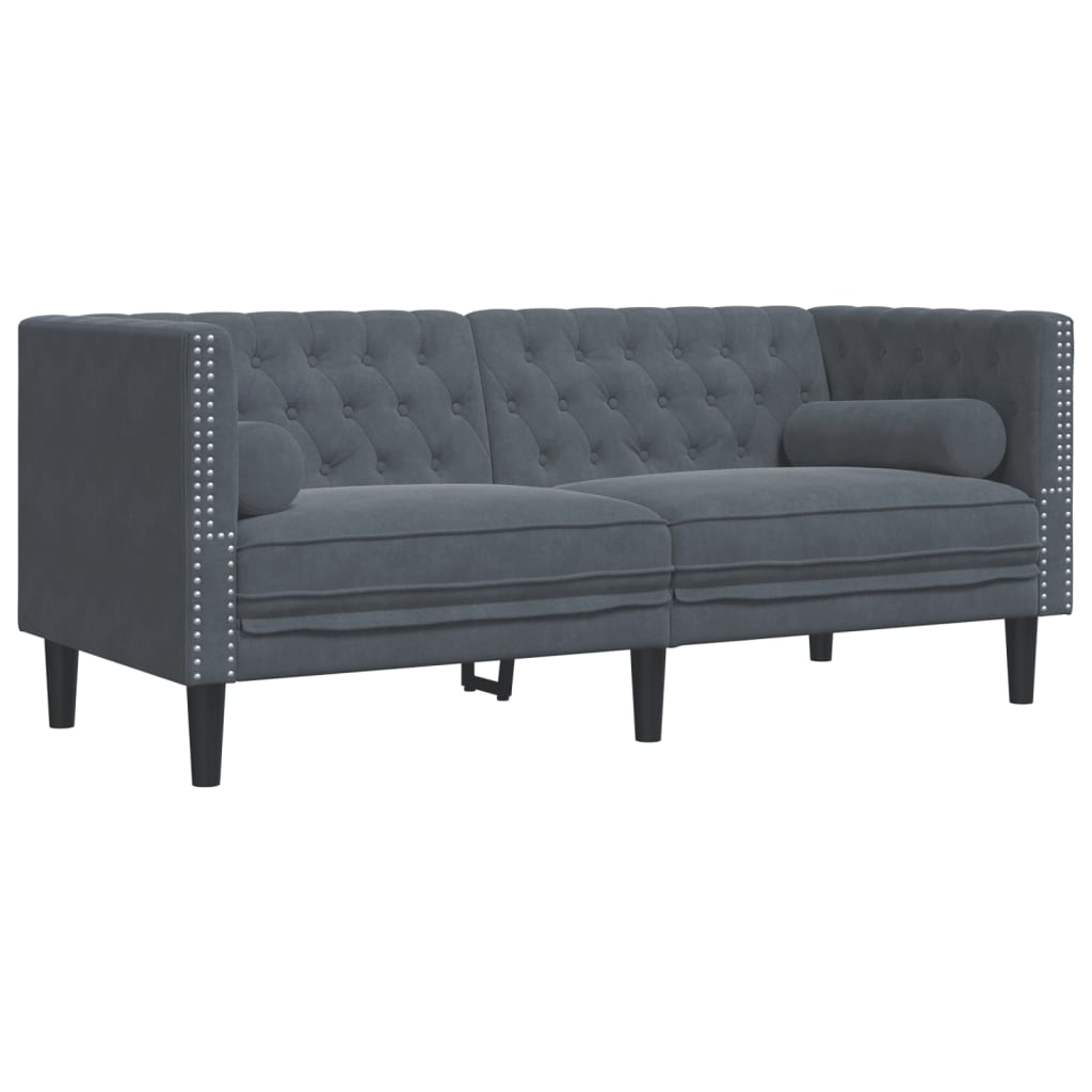 2-tlg. Chesterfield-Sofa-Set mit Nackenrollen Dunkelgrau Samt