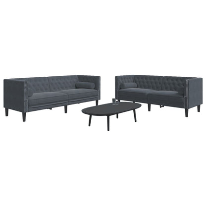 2-tlg. Chesterfield-Sofa-Set mit Nackenrollen Dunkelgrau Samt