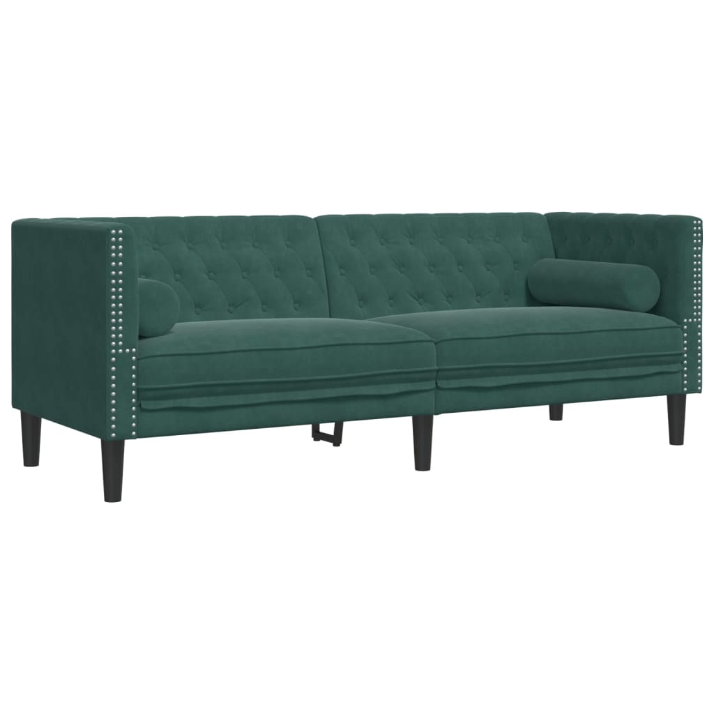 2-tlg. Chesterfield-Sofa-Set mit Nackenrollen Dunkelgrün Samt