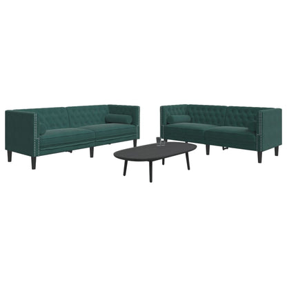 2-tlg. Chesterfield-Sofa-Set mit Nackenrollen Dunkelgrün Samt