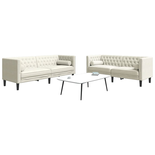 2-tlg. Chesterfield-Sofa-Set mit Nackenrollen Creme Samt