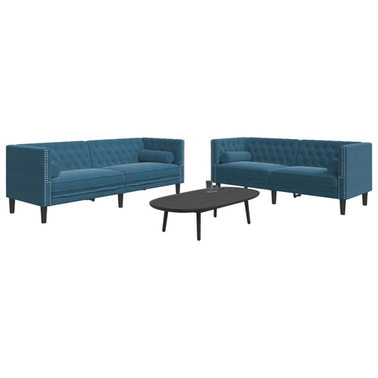 2-tlg. Chesterfield-Sofa-Set mit Nackenrollen Blau Samt