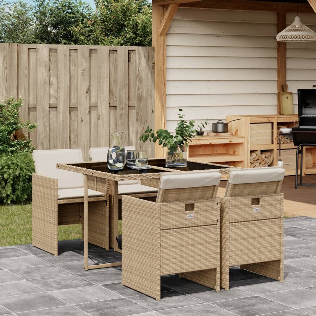 5-tlg. Garten-Essgruppe mit Kissen Beige Poly Rattan