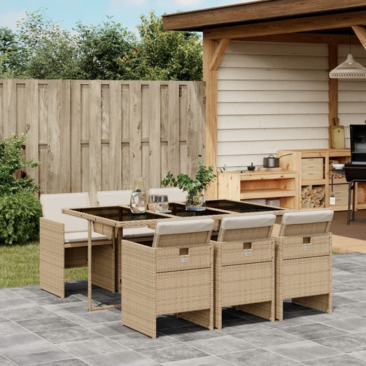 7-tlg. Garten-Essgruppe mit Kissen Beige Poly Rattan