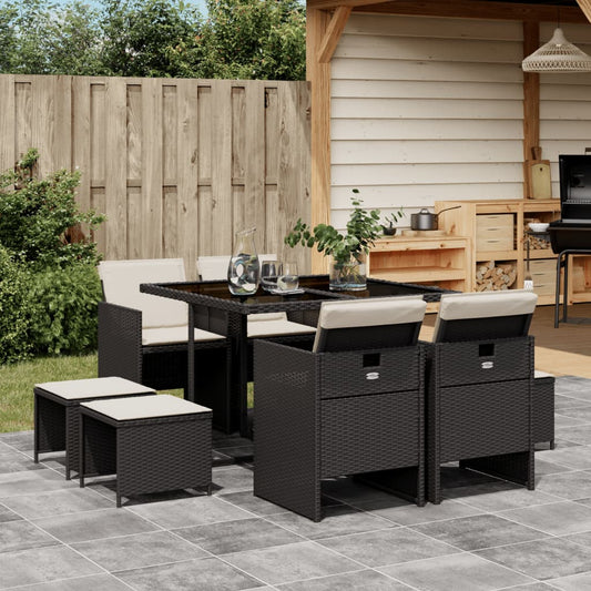 9-tlg. Garten-Essgruppe mit Kissen Schwarz Poly Rattan