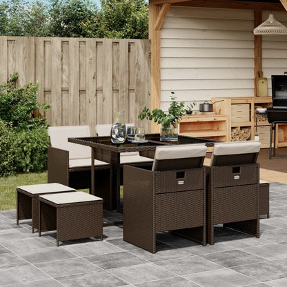 9-tlg. Garten-Essgruppe mit Kissen Braun Poly Rattan