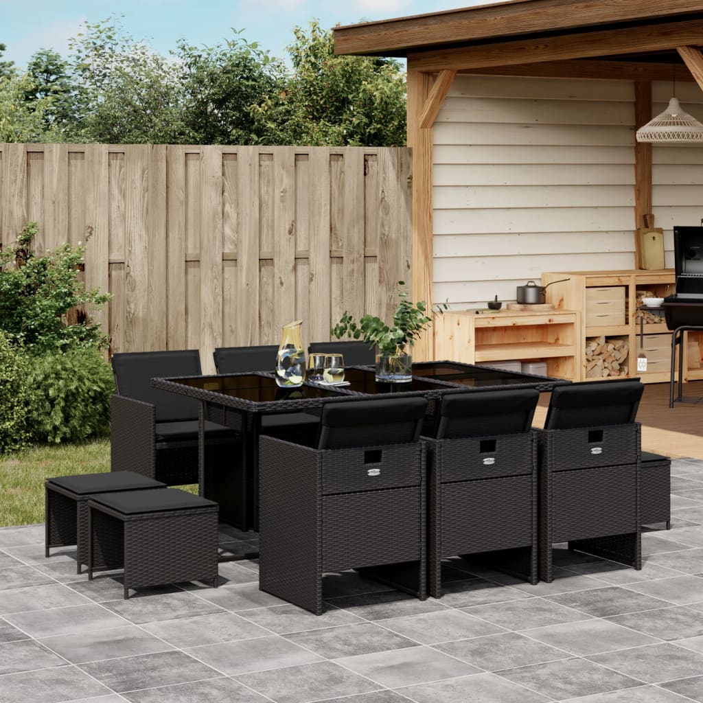 11-tlg. Garten-Essgruppe mit Kissen Schwarz Poly Rattan