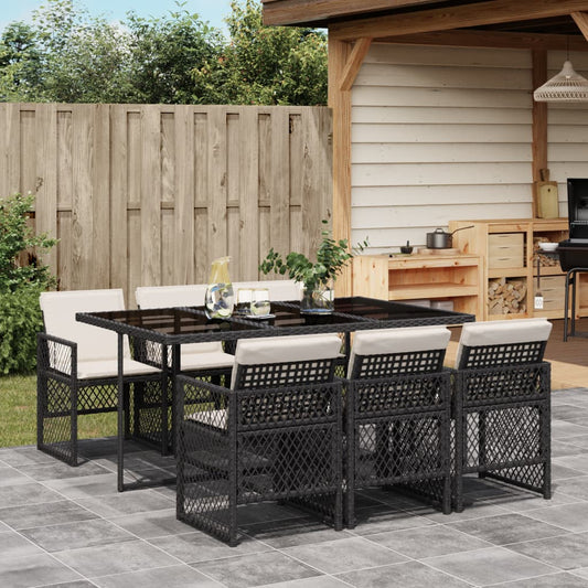 7-tlg. Garten-Essgruppe mit Kissen Schwarz Poly Rattan