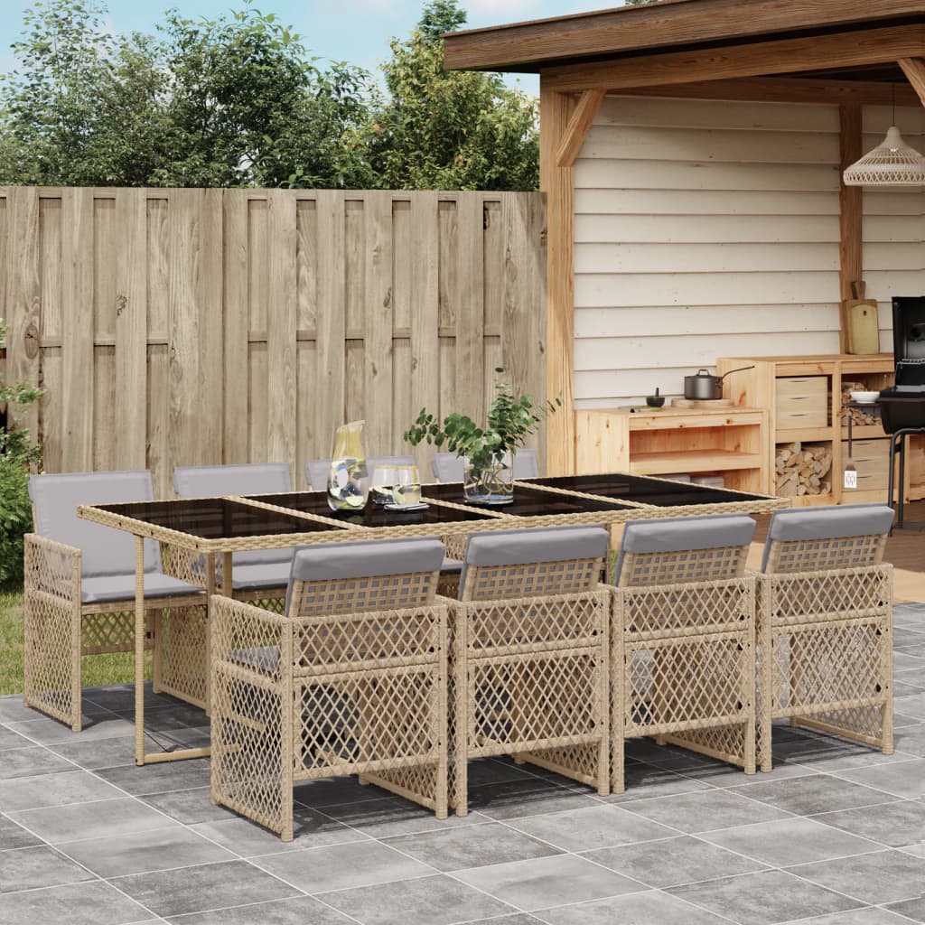 9-tlg. Garten-Essgruppe mit Kissen Beige Poly Rattan