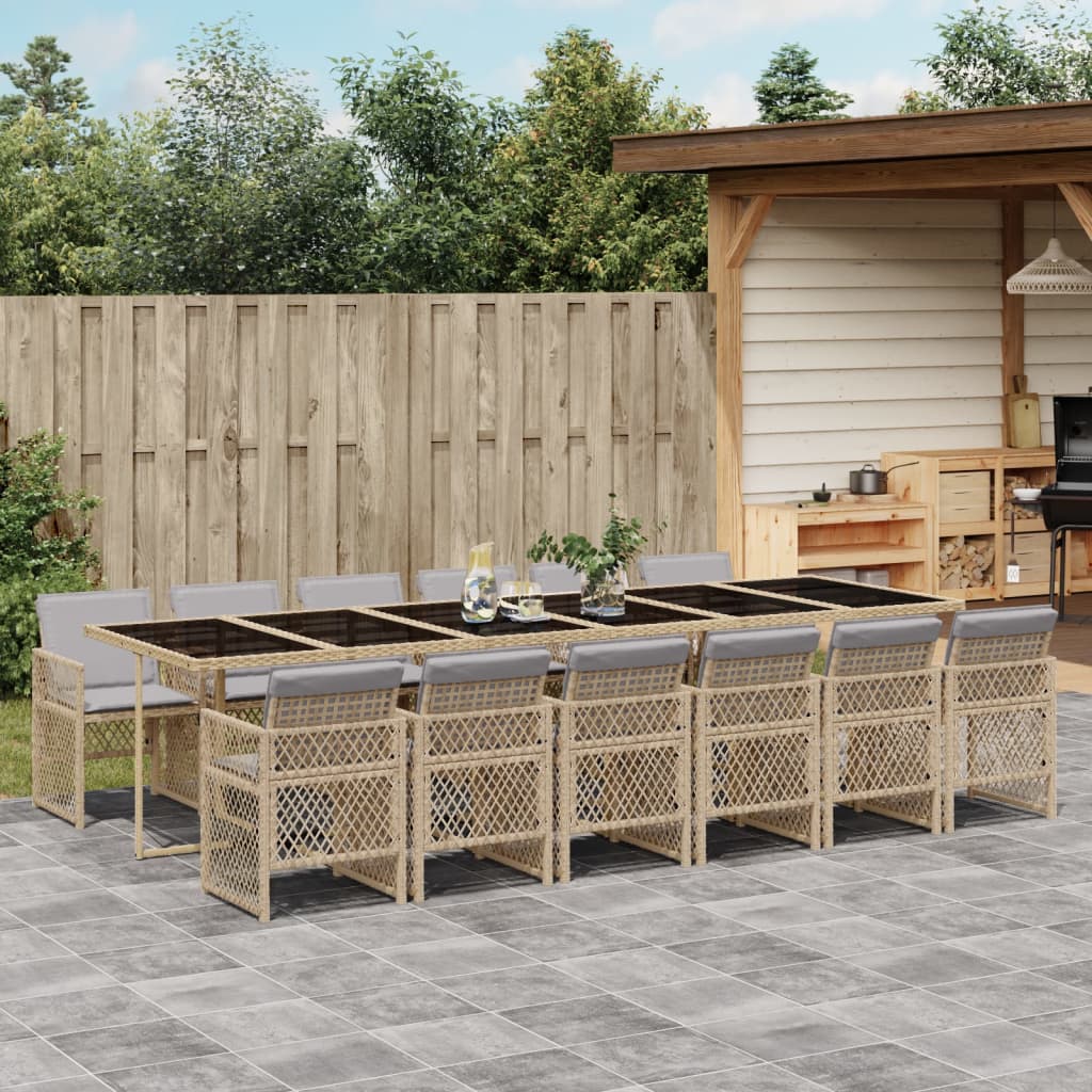 13-tlg. Garten-Essgruppe mit Kissen Beige Poly Rattan