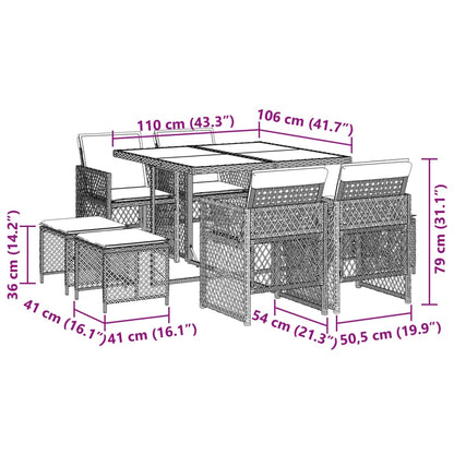 9-tlg. Garten-Essgruppe mit Kissen Schwarz Poly Rattan