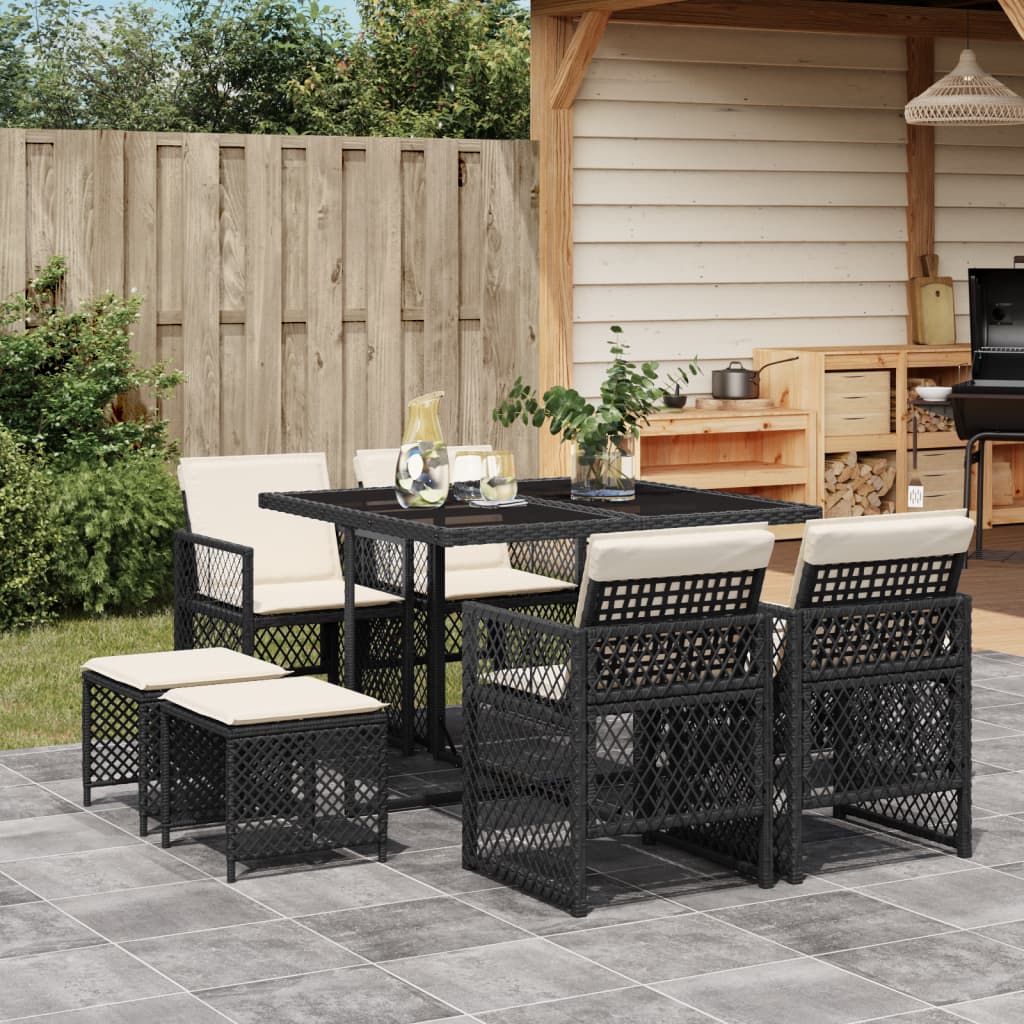 9-tlg. Garten-Essgruppe mit Kissen Schwarz Poly Rattan