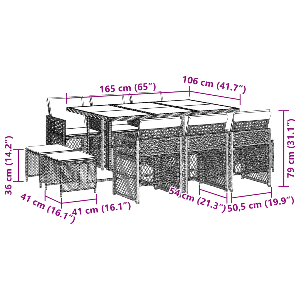 11-tlg. Garten-Essgruppe mit Kissen Grau Poly Rattan