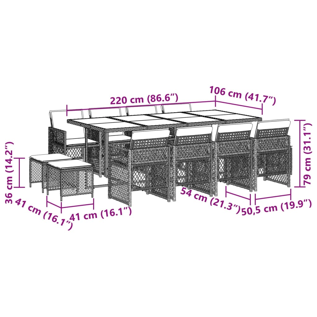 13-tlg. Garten-Essgruppe mit Kissen Schwarz Poly Rattan