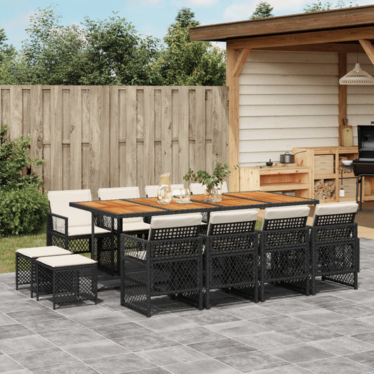 13-tlg. Garten-Essgruppe mit Kissen Schwarz Poly Rattan