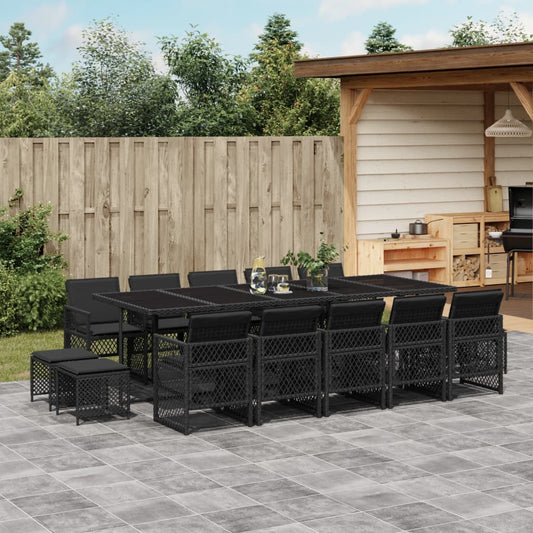 15-tlg. Garten-Essgruppe mit Kissen Schwarz Poly Rattan