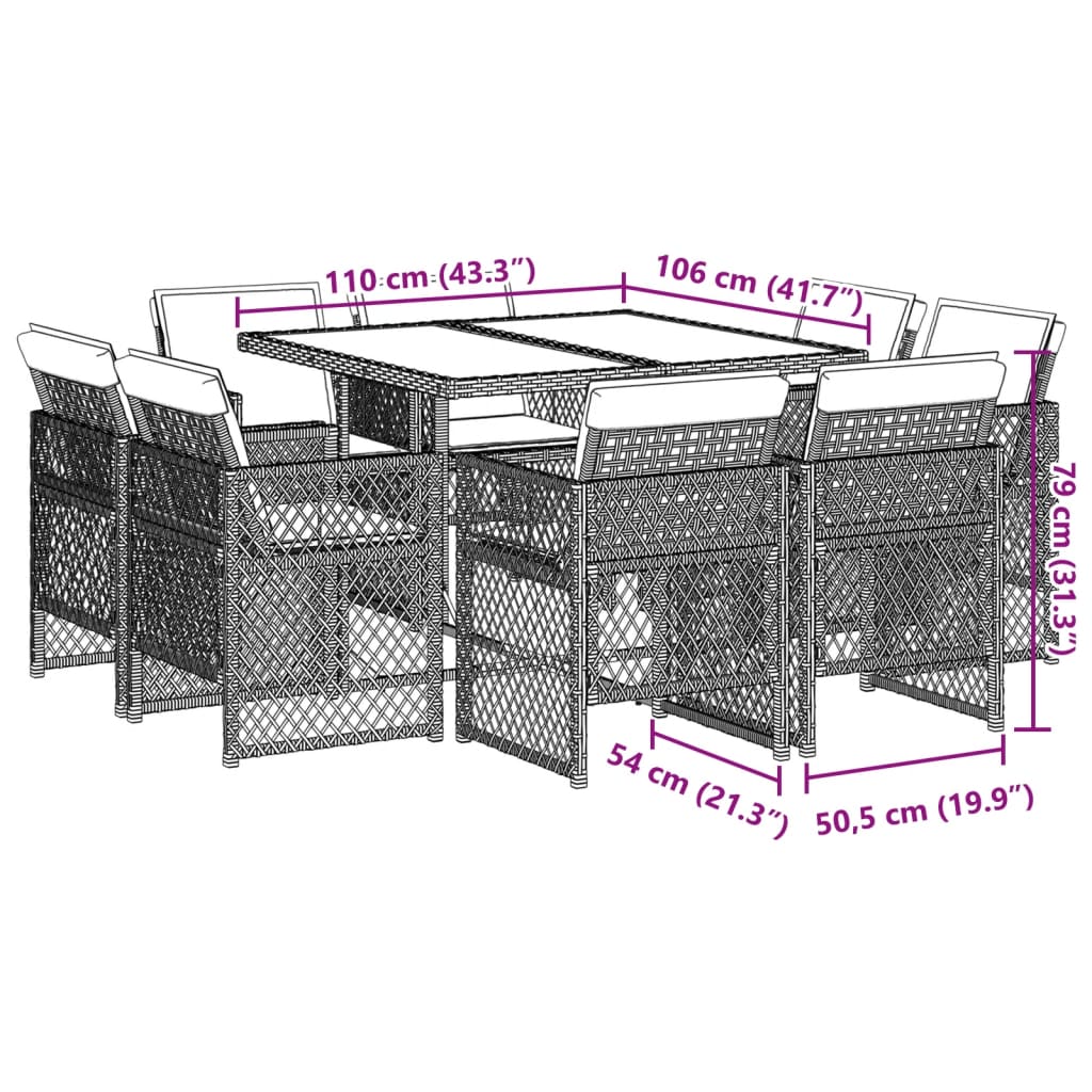 9-tlg. Garten-Essgruppe mit Kissen Beigemischung Poly Rattan