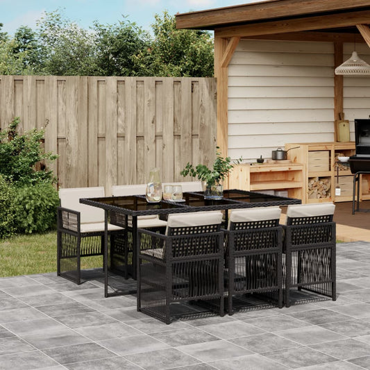 7-tlg. Garten-Essgruppe mit Kissen Schwarz Poly Rattan