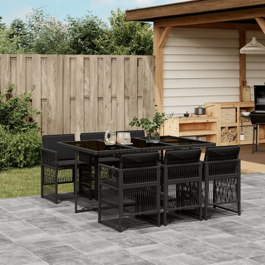 7-tlg. Garten-Essgruppe mit Kissen Schwarz Poly Rattan