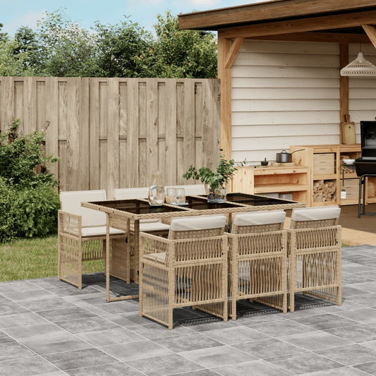 7-tlg. Garten-Essgruppe mit Kissen Beige Poly Rattan