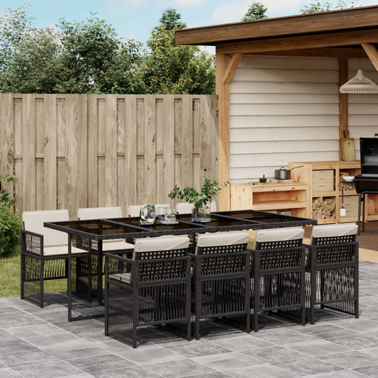 9-tlg. Garten-Essgruppe mit Kissen Schwarz Poly Rattan