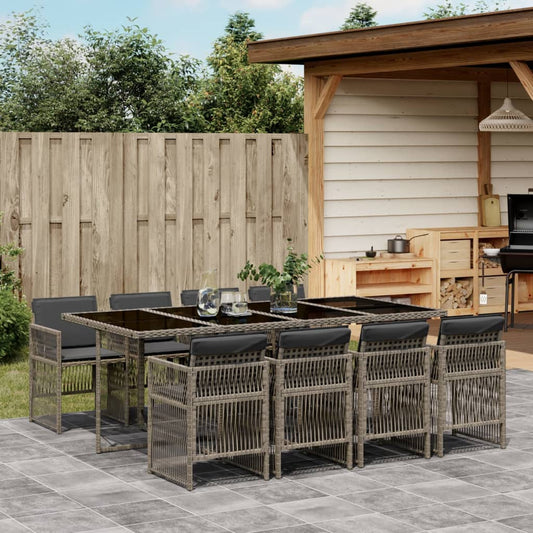 9-tlg. Garten-Essgruppe mit Kissen Grau Poly Rattan