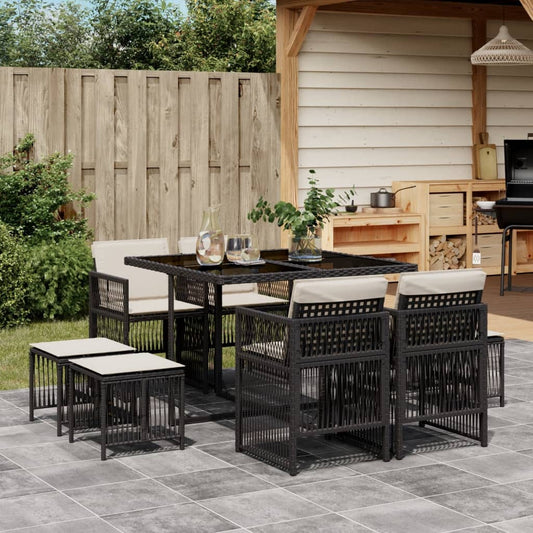 9-tlg. Garten-Essgruppe mit Kissen Schwarz Poly Rattan