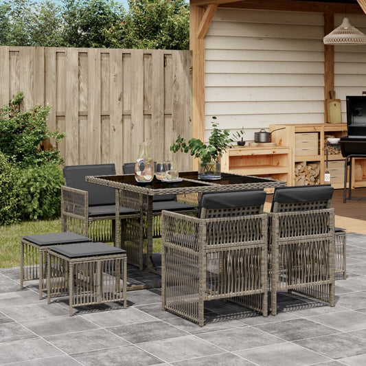 9-tlg. Garten-Essgruppe mit Kissen Grau Poly Rattan