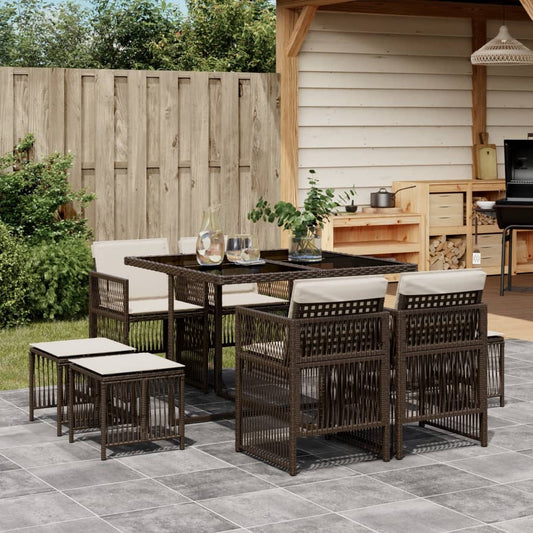 9-tlg. Garten-Essgruppe mit Kissen Braun Poly Rattan