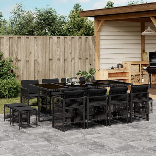 13-tlg. Garten-Essgruppe mit Kissen Schwarz Poly Rattan