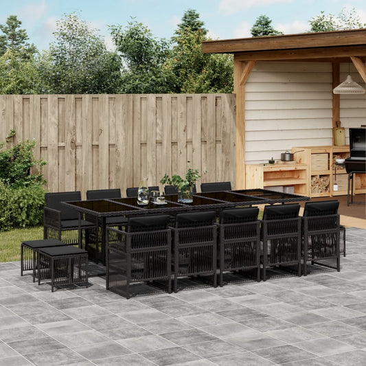 15-tlg. Garten-Essgruppe mit Kissen Schwarz Poly Rattan