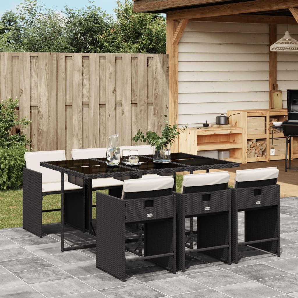 7-tlg. Garten-Essgruppe mit Kissen Schwarz Poly Rattan