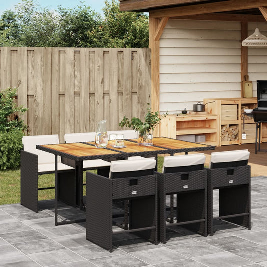 7-tlg. Garten-Essgruppe mit Kissen Schwarz Poly Rattan