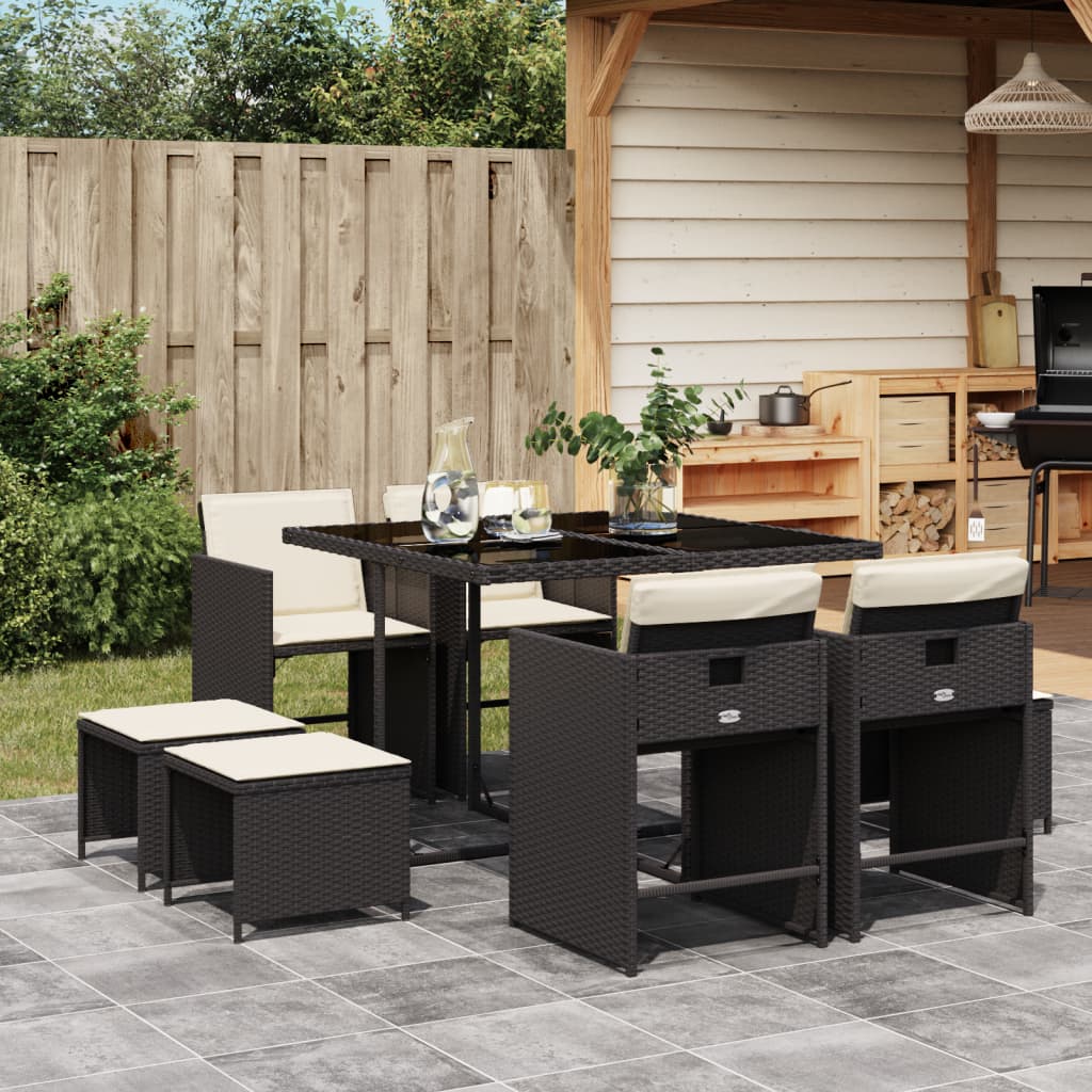 9-tlg. Garten-Essgruppe mit Kissen Schwarz Poly Rattan