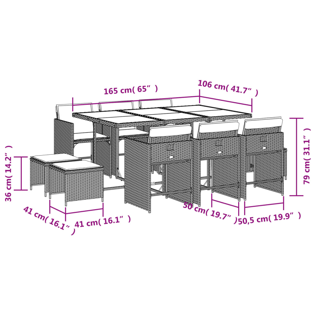 11-tlg. Garten-Essgruppe mit Kissen Grau Poly Rattan