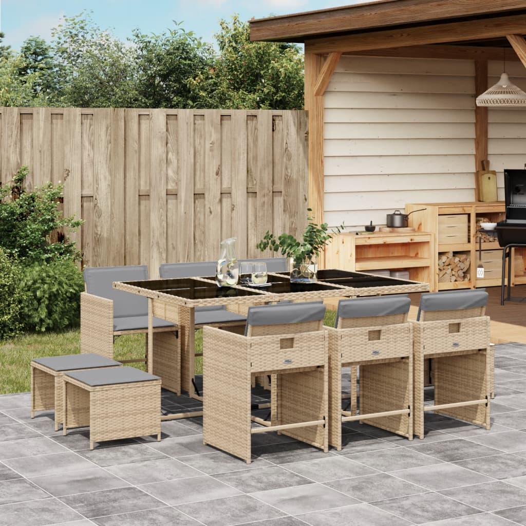 11-tlg. Garten-Essgruppe mit Kissen Beigemischung Poly Rattan